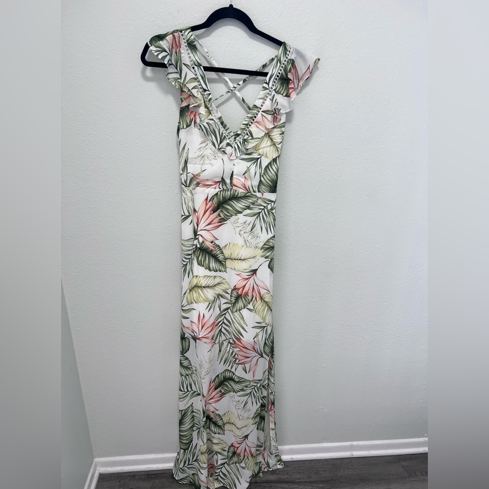 Woven Pink White Green Pink Tropical Maxi Dress Size Small